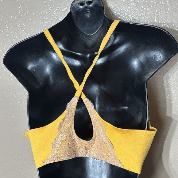 Victoria’s Secret 34D push up front clasp cross back lace yellow shimmer bra - Picture 3 of 5